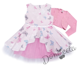 Комплект от официална детска рокля с пеперуди Надежда с тюл и болеро в розово