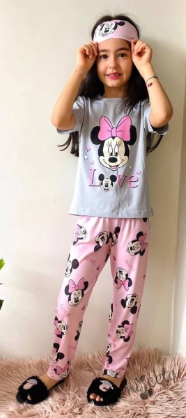 Kids pajamas for girl with short sleeves in pink and grey with Minnie Mouse