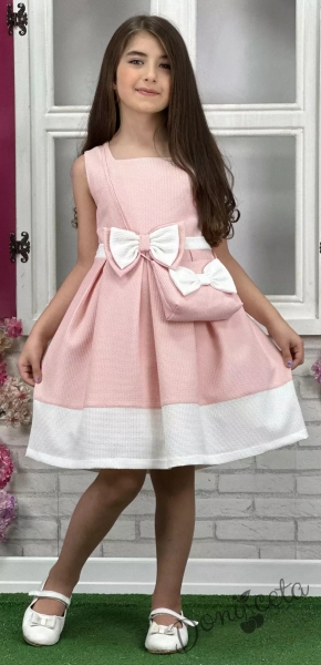 Официална или ежедневна детска рокля  в розово с панделка в розово и чантичка в бяло с розова панделка