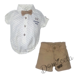 Бебешки комплект от къси панталонки в бежово, боди-риза в бяло с черни точки и папийонка 75844465 1