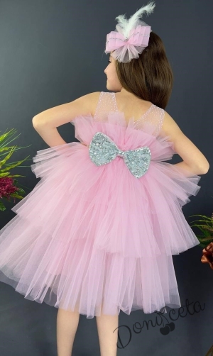 Официална детска рокля без ръкав Фрея - с богат тюл в розово и панделка за коса 4