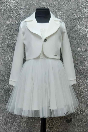 Официален детски комплект - рокля Ренета с 3D дантела и тюл в екрю без ръкав и късо сако 99773333
