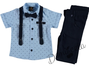 Детски комплект от панталон в тъмносиньо, риза в синьо с орнаменти, тиранти и папийонка в тъмносиньо 35111369