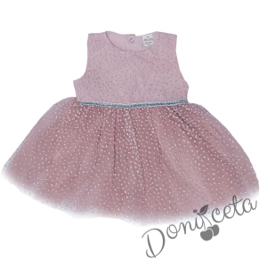 Официална детска рокля без ръкав Зоя - с тюл и брокатени 3D точки в пепел от рози с панделка отзад 4587111