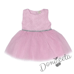 Официална детска рокля без ръкав Зоя - с тюл и брокатени 3D точки в розово с панделка отзад 4588111