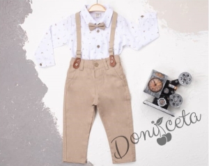 Бебешки комплект от панталон в бежово, боди-риза в бяло с орнаменти, тиранти и папийонка  587712588 1