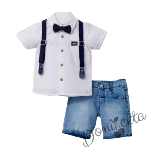 Детски комплект от къси дънки, риза в бяло, тиранти и папийонка в тъмносиньо 1