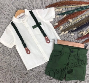 Комплект от панталон и тиранти  в тъмнозелено, риза в бяло с джобче 55747576 1