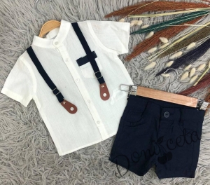 Комплект от панталон и тиранти в тъмносиньо, риза в бяло с джобче 55787411