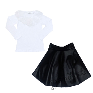 Комплект от блуза в бяло с дантела и кожена пола в черно