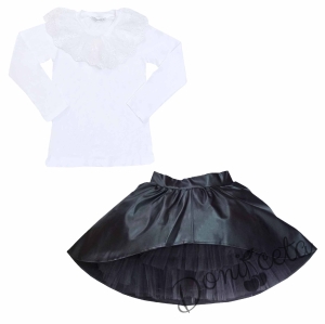 Комплект от блуза в бяло с дантела и изрязана кожена пола в черно 1