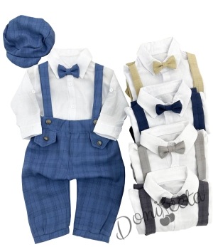 Бебешки комплект от раиран панталон с джобчета, тиранти и папийонка в светлосиньо и риза в бяло с барета 1