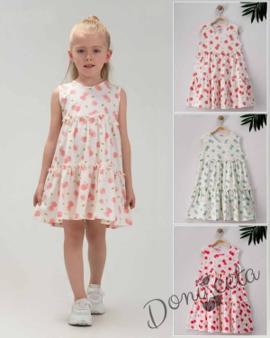Ежедневна детска рокля без ръкав в бяло с череши в прасковено 3