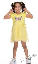 Ежедневна детска рокля с щампа пеперуда и пола от тюл в жълто 1