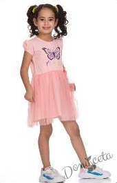 Ежедневна детска рокля с щампа пеперуда и пола от тюл в праскова 442169899 1