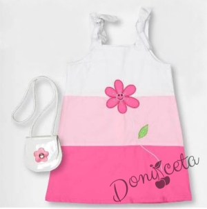 Комплект от ежедневна детска рокля в преливащи се цветове с цвете, тънки презрамки и чантичка  1