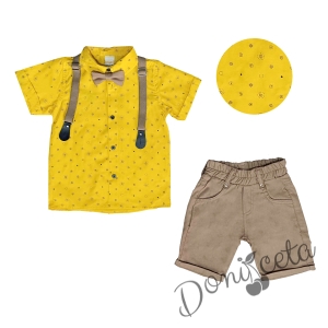 Детски комплект от риза с къс ръкав в жълто с орнаменти, тиранти и папийонка и къси панталоин в бежово