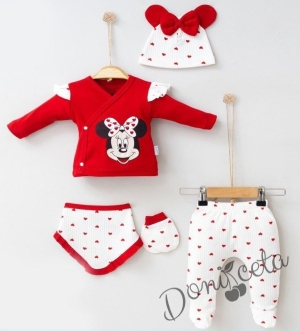 Тематичен бебешки комплект за момиче от 5 части - Мини Маус в бяло и червено
