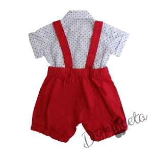 Бебешки комплект от боди-риза в бяло с орнаменти, гащеризон и папийонка в червено 2