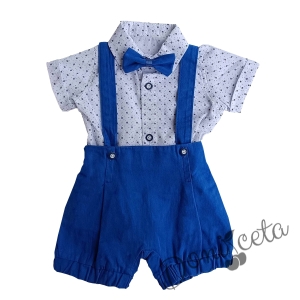 Бебешки комплект от риза в бяло с орнаменти, гащеризон и папийонка в синьо