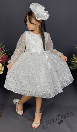 Официална детска рокля с ръкав Сабрина - от тюл и дантела с блясък и фиба за коса в бяло