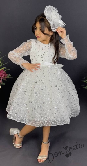 Официална детска рокля с ръкав 7/8 Сабрина - от тюл и дантела с блясък и фиба за коса в бяло 3
