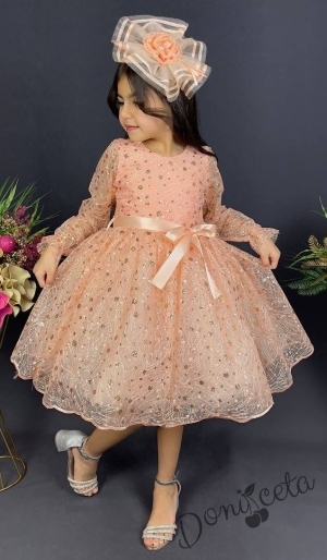 Официална детска рокля с ръкав Сабрина - от тюл и дантела с блясък и фиба за коса в прасковено