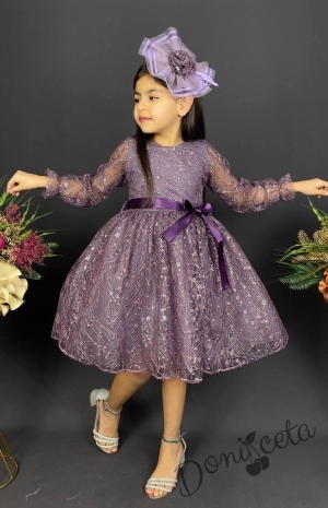 Официална детска рокля с ръкав Сабрина - от тюл и дантела с блясък и фиба за коса в лилаво
