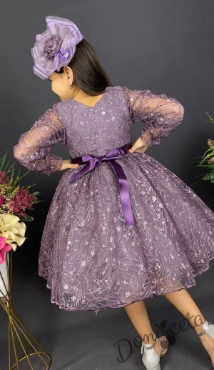 Официална детска рокля с ръкав 7/8 Сабрина - от тюл и дантела с блясък и фиба за коса в лилаво 2