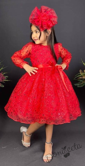 Официална детска рокля с ръкав Сабрина - от тюл и дантела с блясък и фиба за коса в червено
