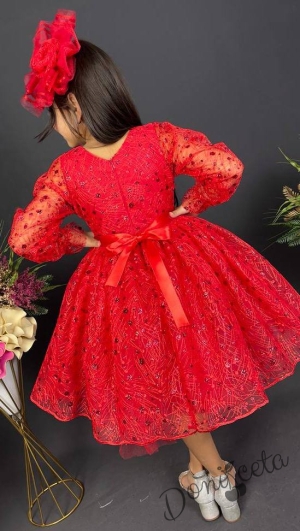 Официална детска рокля с ръкав 7/8 Сабрина - от тюл и дантела с блясък и фиба за коса в червено 2