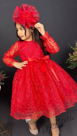 Официална детска рокля с ръкав 7/8 Сабрина - от тюл и дантела с блясък и фиба за коса в червено 3