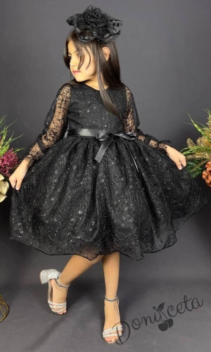 Официална детска рокля с ръкав 7/8 Сабрина - от тюл и дантела с блясък и фиба за коса в черно