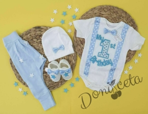 Бебешки комплект от 4 части - боди с дълъг ръкав, дълги панталонки, шапка и буйки в бяло и светлосиньо 1