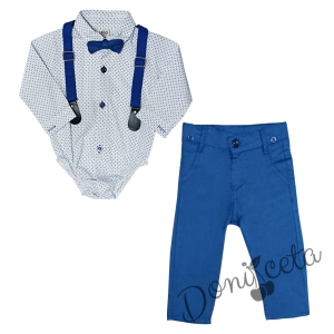Бебешки комплект от панталон в светлосиньо, боди-риза в бяло с орнаменти, тиранти и папийонка 6985111 1