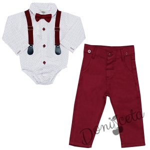 Бебешки комплект от панталон в бордо, боди-риза в бяло с орнаменти, тиранти и папийонка 6984487 1