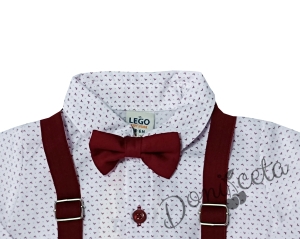 Бебешки комплект от панталон в бордо, боди-риза в бяло с орнаменти, тиранти и папийонка 6984487 2