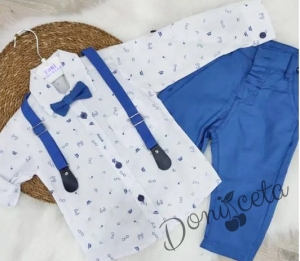 Комплект от панталон в светлосиньо, риза в бяло с орнаменти, тиранти и папийонка  87642278 1