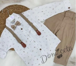 Комплект от панталон в бежово, риза в бяло с орнаменти, тиранти и папийонка 87643369 1