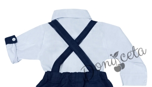 Бебешки комплект от раиран панталон с джобчета, тиранти и папийонка в тъмносиньо и риза в бяло с барета 3