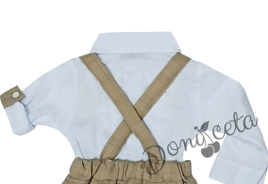 Бебешки комплект от раиран панталон с джобчета, тиранти и папийонка в бежово и риза в бяло с барета 3