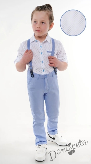 Комплект за момче от риза в бяло с дълъг ръкав и орнаменти, папионка с тиранти и панталони в светлосиньо 3