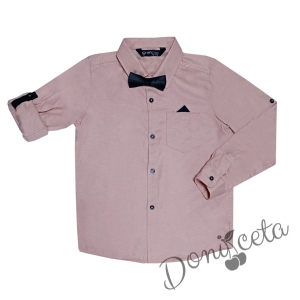 Детска риза за момче с къс/дълъг ръкав в пепел от рози с имитация на джобче, кърпичка и папийонка