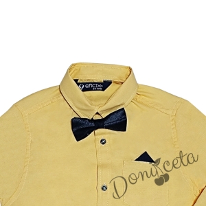 Детска риза за момче с къс/дълъг ръкав в жълто с имитация на джобче, кърпичка и папийонка 2