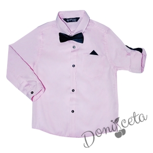 Детска риза за момче с къс/дълъг ръкав в розово с имитация на джобче, кърпичка и папийонка