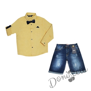 Комплект от риза в жълто с папийонка и джобче с кърпичка и къси дънки в синьо 