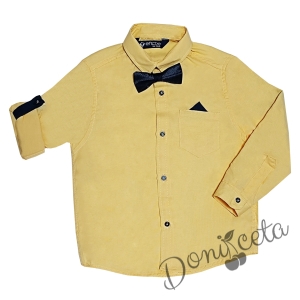Shirt set in yellow with bow tie and handkerchief pocket and short jeans in blue