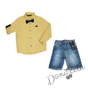 Комплект от риза в жълто с папийонка и джобче с кърпичка и къси дънки в светлосиньо  1