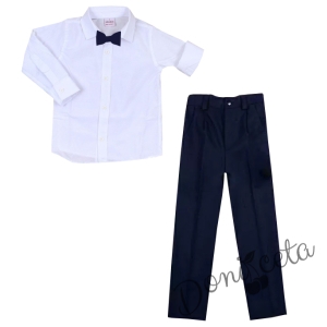 Комплект от панталон в тъмносиньо и риза в бяло с дълъг ръкав и папийонка в тъмносиньо 1