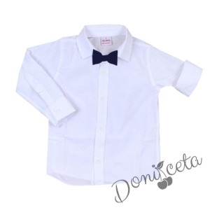 Комплект от панталон в тъмносиньо и риза в бяло с дълъг ръкав и папийонка в тъмносиньо 2